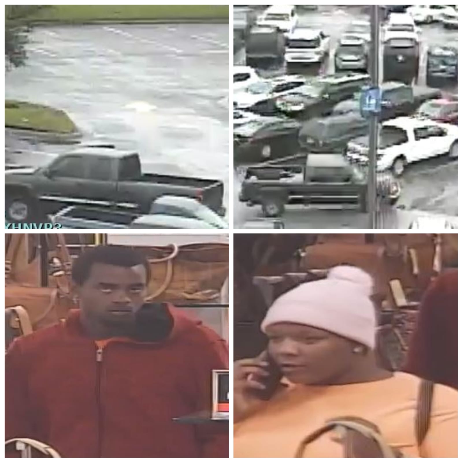 Photo collage of suspect truck in parking lot, one male suspect wearing a dark red hoodie and one female suspect wearing an orange top and a light colored winter hat. 